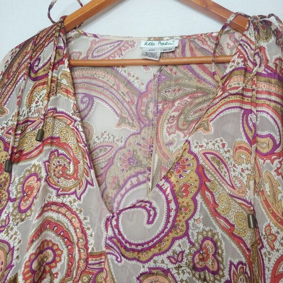 Ulla Popken Womens Plus 20 22 Blouse Brown Paisley Bell Slv Rayon Silk V Neck - Picture 3 of 9